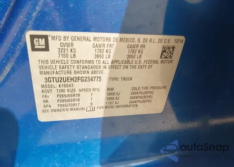 2015 GMC Sierra 1500 Sle from USA, damaged, VIN 3GTU2UEH2FG234775